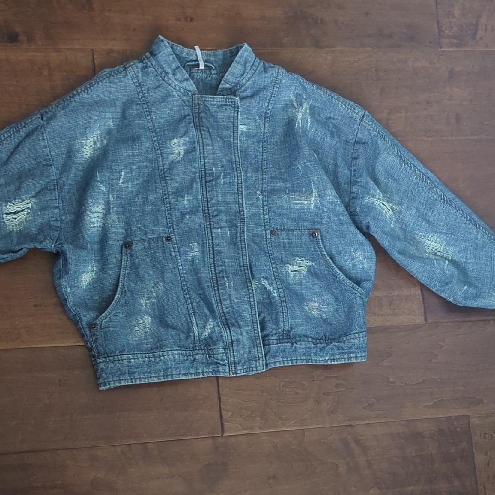Free People Blue Vintage Jean Jacket Bomber Style